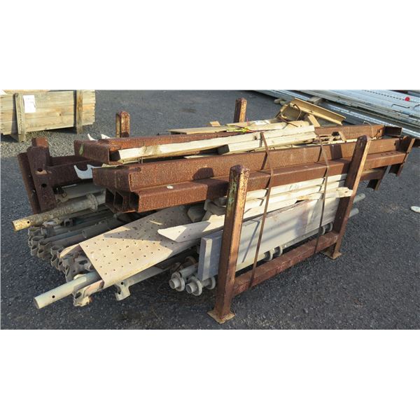 Rack of Misc Metal GME Rugger Metal Punched Lengths, Poles w/ Fitted Ends, etc