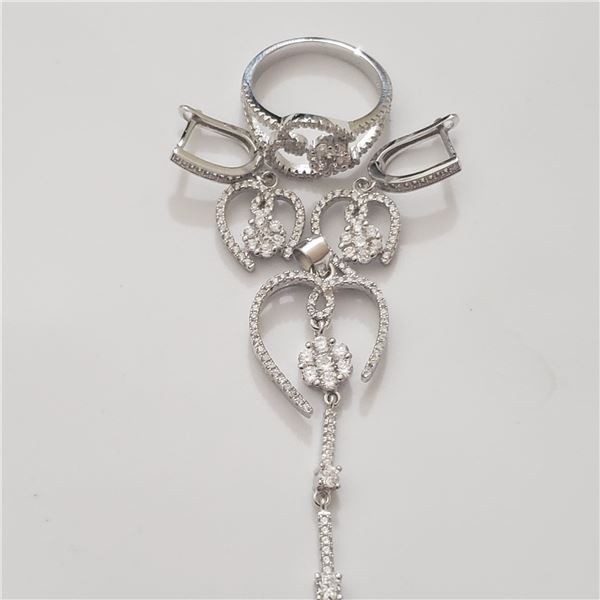 SILVER PENDENT RING AND EARRING CZ  SET (~SIZE 7)