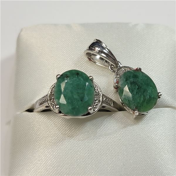 SILVER EMERALD PENDANT AND RING SET