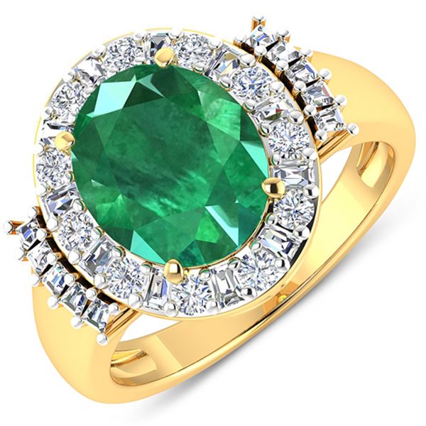 Natural 3.97 CTW Zambian Emerald & Diamond Ring 14K Yellow Gold - REF-168R2F