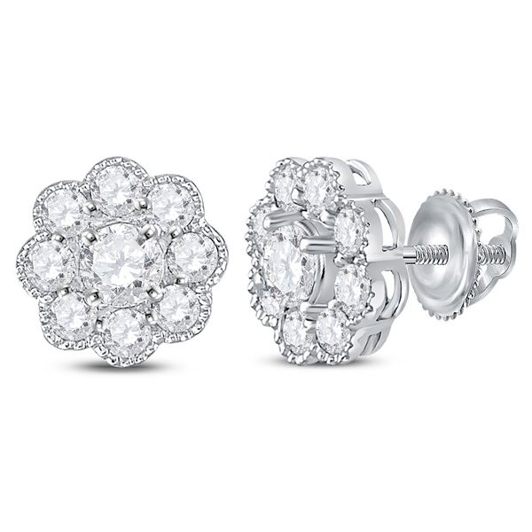 Round Diamond Flower Cluster Stud Earrings 1 Cttw 14KT White Gold