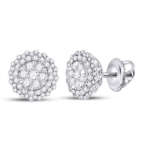 Round Diamond Halo Cluster Earrings 1 Cttw 14KT White Gold