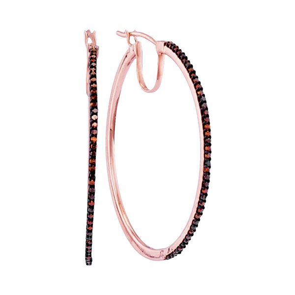 Round Red Color Enhanced Diamond Slender Hoop Earrings 1/4 Cttw 10KT Rose Gold