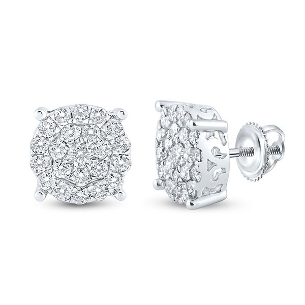 Round Diamond Cluster Earrings 1-1/2 Cttw 10KT White Gold