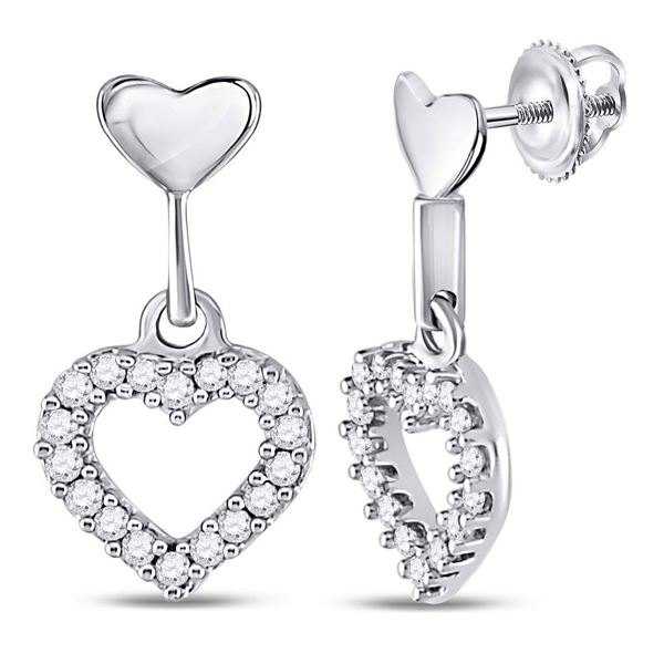 Round Diamond Small Heart Dangle Earrings 1/5 Cttw 10KT White Gold