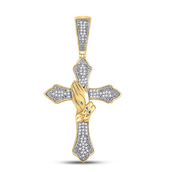 Round Diamond Praying Hands Gothic Cross Charm Pendant 1/4 Cttw 10KT Yellow Gold