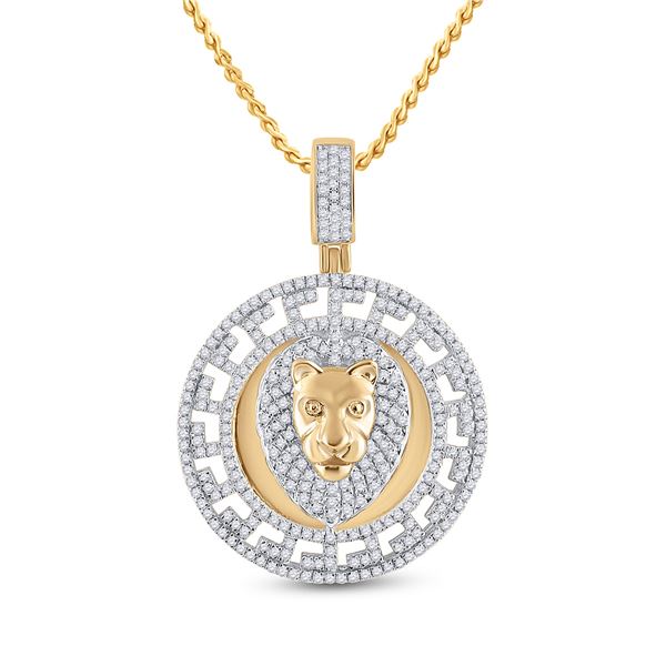Round Diamond Lion Head Medallion Charm Pendant 7/8 Cttw 10KT Yellow Gold