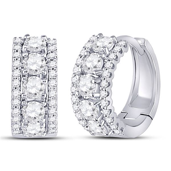 Round Diamond 3-Row Huggie Earrings 1 Cttw 14KT White Gold