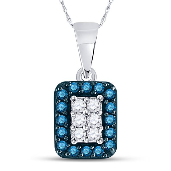 Round Blue Color Enhanced Diamond Rectangle Cluster Pendant 1/5 Cttw 10KT White Gold