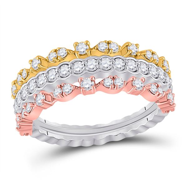Round Diamond Convertible Stackable Band Ring 3/4 Cttw 14KT Tri-Tone Gold