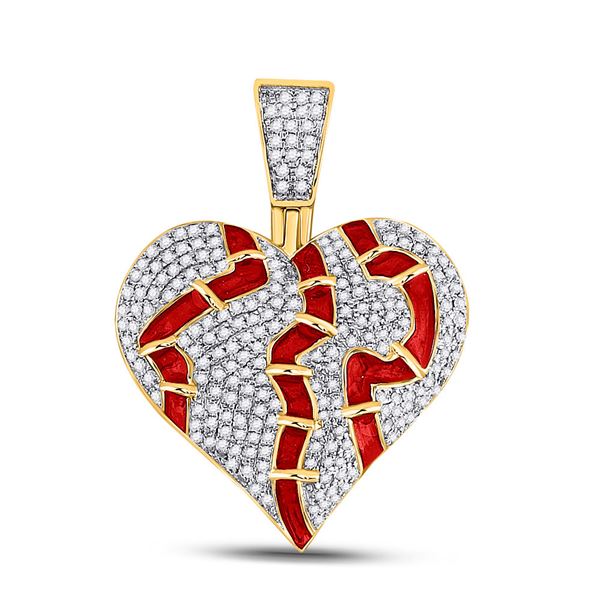 Round Diamond Broken Stitched Heart Charm Pendant 3/4 Cttw 10KT Yellow Gold