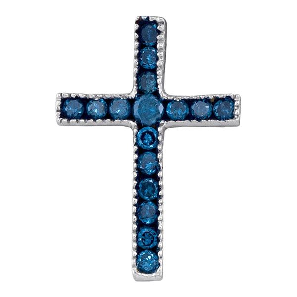 Round Blue Color Enhanced Diamond Small Cross Pendant 1/6 Cttw 10KT White Gold