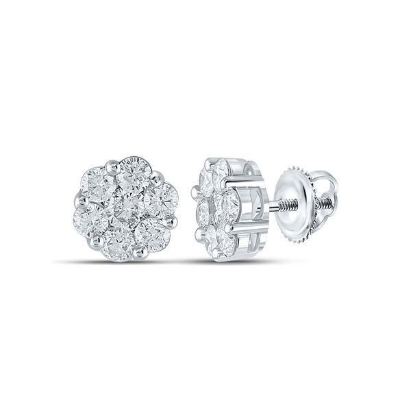 Round Diamond Flower Cluster Earrings 2 Cttw 14KT White Gold