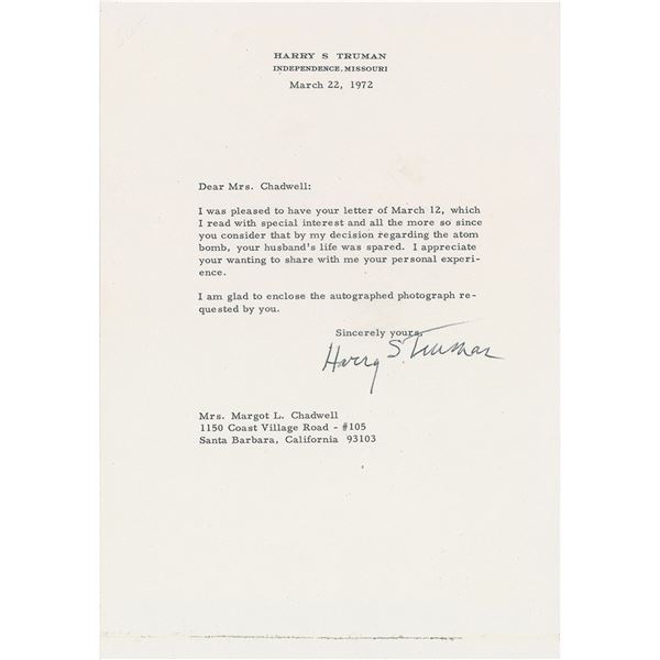 Harry S. Truman Signed Photograph and Typed Letter Signed with Atomic Bomb Content