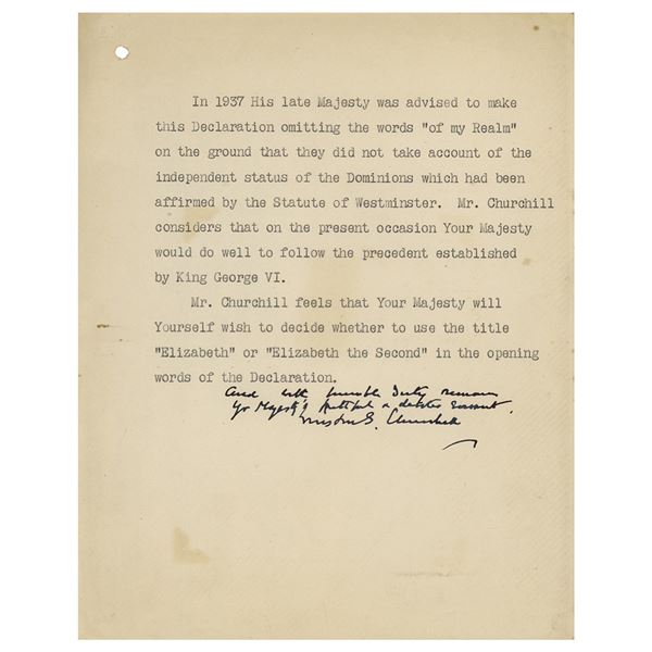 Winston Churchill Typed Letter Signed to Queen Elizabeth II