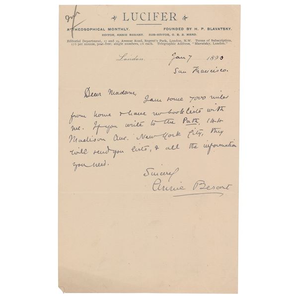 Annie Besant Autograph Letter Signed