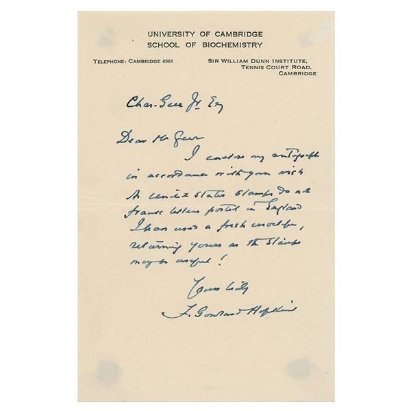 Frederick Gowland Hopkins Autograph Letter Signed