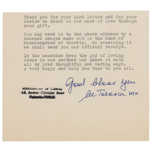 Mother Teresa Typed Letter Signed