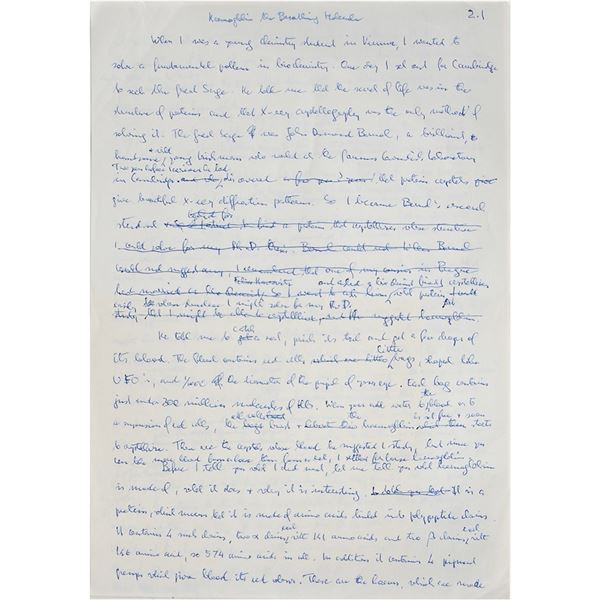 Max Perutz Handwritten Manuscript and Autograph Letter Signed