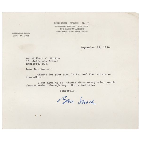 Benjamin Spock Typed Letter Signed