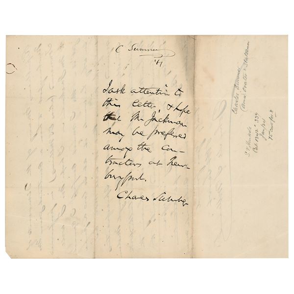 Charles Sumner Autograph Endorsement Signed