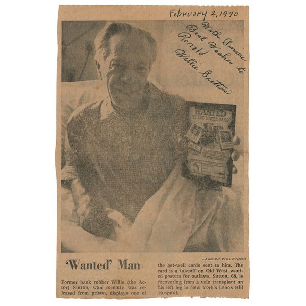 Willie Sutton Signed Newspaper Photo