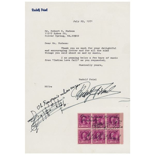 Rudolph Friml Typed Letter Signed and Autograph Musical Quotation Signed