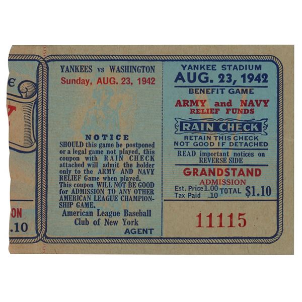 New York Yankees vs. Washington Senators 1942 Military Benefit Ticket Stub: Babe Ruth's 'Last Home R