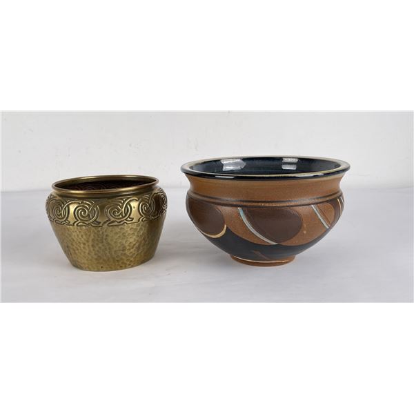 Pair of Studio Pottery and Brass Bowls