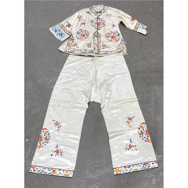 Antique Chinese White Silk Robe and Pants