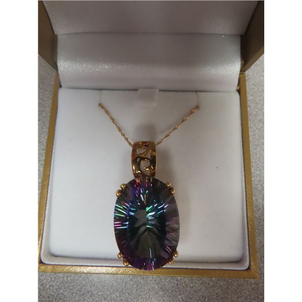 Beautiful New 10K Gold Necklace with 3 Carat Mystic Topaz Pendant & Chain w Gift Box Perfect for