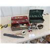 Image 1 : FIshing Tackle Box, w Tackle, Couple of Wood Lures, Reels, Fillet Knife Plus More!