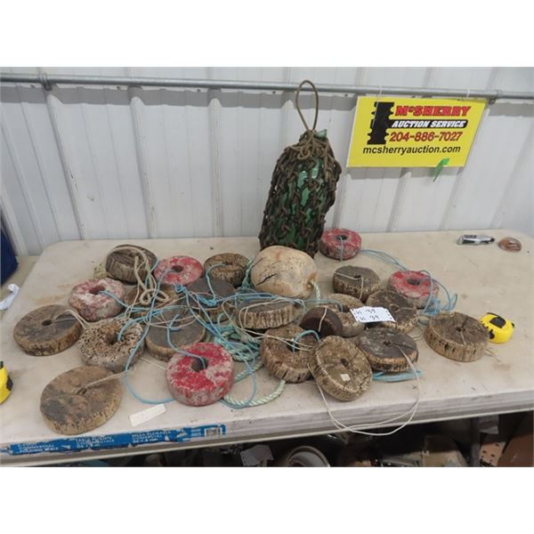 23 Cork / Wood Net Floats & Net Rope Covered Covered Glass Float 18  Tall 6 Rd