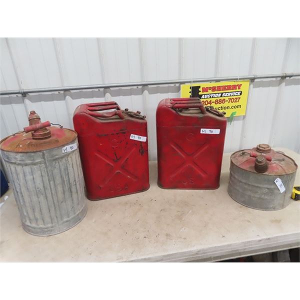 4 Metal Gas Cans & 2 USA Military Cans