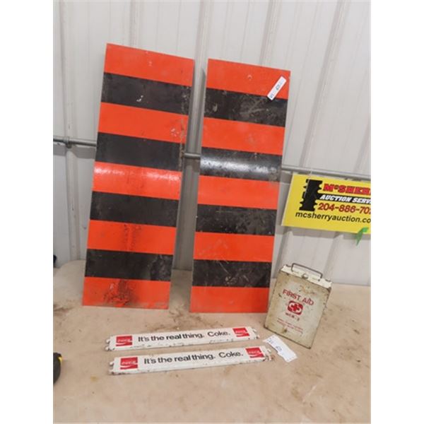 2 Caution Hwy Signs 12" x 35", 2 Metal Coca Cola Rack Signs 2.5" x 19.5" & Metal 1st Aid Kit