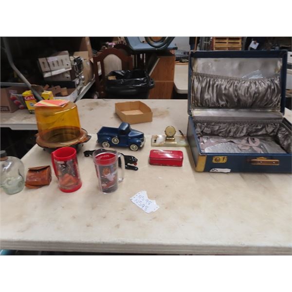 Vintage Suitcase, Popcorn Maker, Ceramic Ford, Ceramic Black Panther, Sewing Tin Plus More!