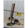 Image 1 : Wrought Iron Brass & Wood Fireplace Tools, & Frying Pans