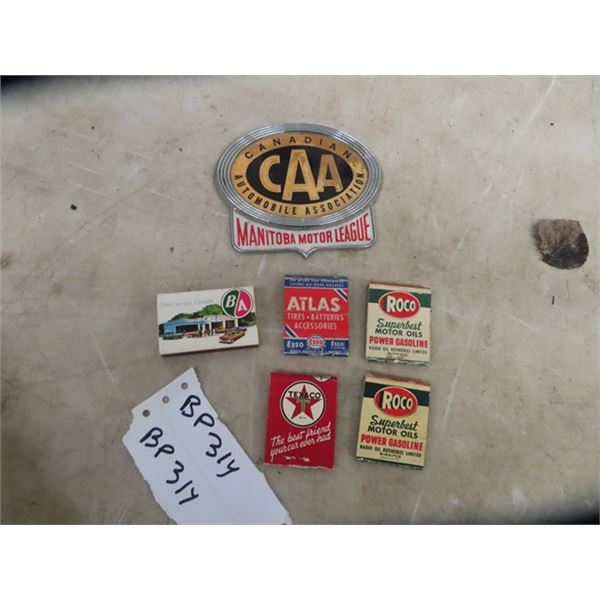 4 CAA MB Motor Leauge Emblems & 5 Vintage Gas Station Matches, ROCO , BA , ESSO & Texaco