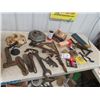 Image 1 : Old Tools, Wrenches, Cobbler Set, Some Hardware, Cast Lamp Base Plus