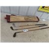 Image 1 : 3 Vintage Wooden Handled Golf Clubs & Bag