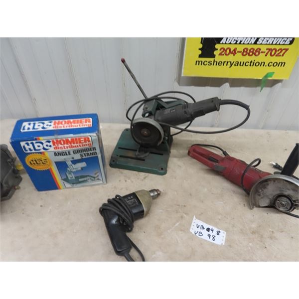 2 Power Angle Grinders & 2 Grinder Stands & Drill