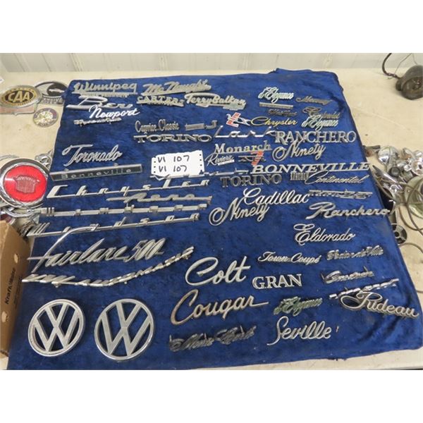 Over 50 Plus Auto Chrome Emblems, Coaugar, VW, Fairlane, Monte Carlo, Colt, Bonneville , Ranchero  P