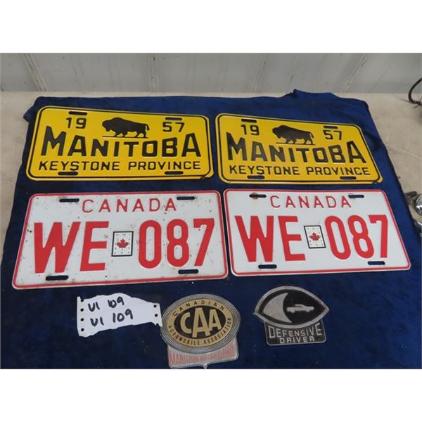 2 -1957 MB License Plates, & 2 Canada Federal License Plates CAA Tag & Defensive Driver Tag