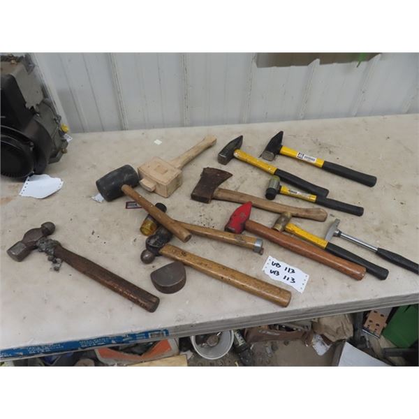 Approx 12 Hammers, Hatchet, Ball Peine Hammer, Claw, Sledge , Brass & Rubber Mallet