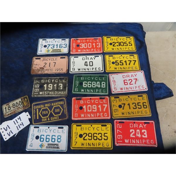 16 Bicylce License Plates, 1954, 1955, 1967 & 1970's