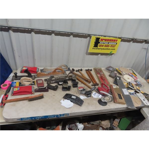 Qty of Autobody Tools, Sanders, Wdges, Hammers, Dent Pullers, & Storage Tub Plus