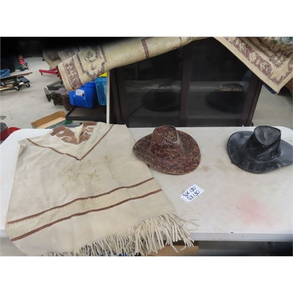 (SX) Leather Poncho, & 2 Leather Cowboy Hats