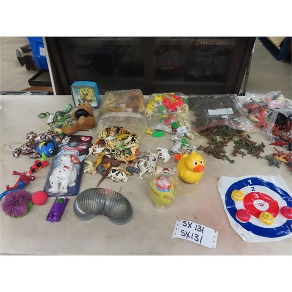 (SX) 3 Bags of Plastic Animals, Army Men, Slinky Sponge Bob Clock, Curling Game & TY Beanies & More!