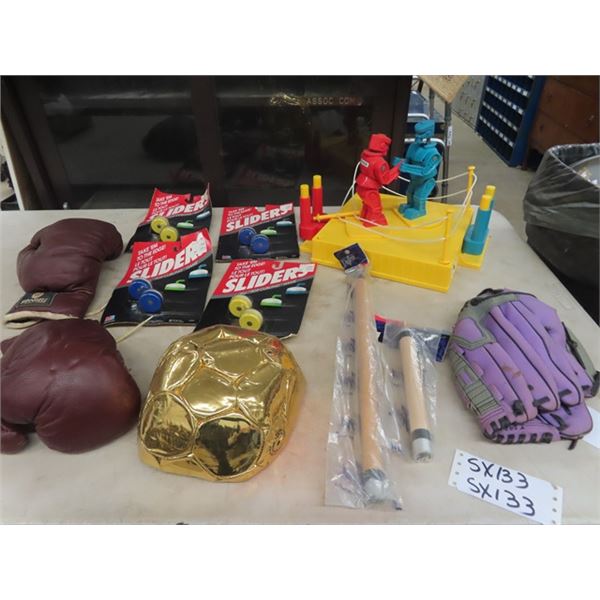 (SX) Rock Em Sockem Game, New Pool Stick, 4 Packages Sliders for Curling Game, Boxing Gloves, & Base