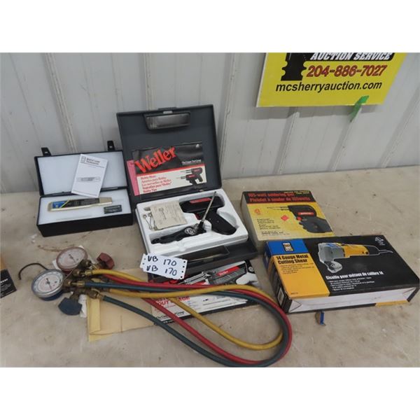 2 Sodering Guns, Digital Laser Tachometer, Power Metal Shear, Freon Gauge